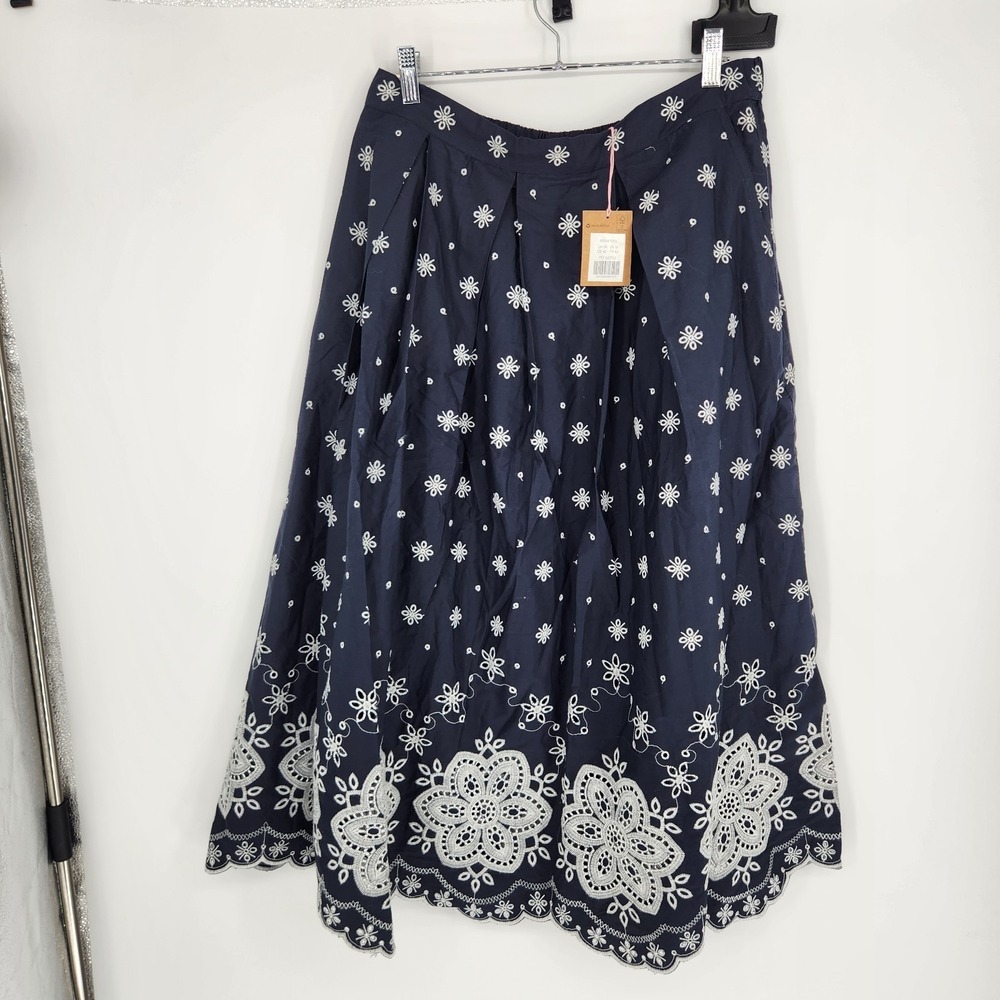 Boden Verity Broderie Poplin Skirt Navy Blue US 10 Midi Cotton R0914 NWT